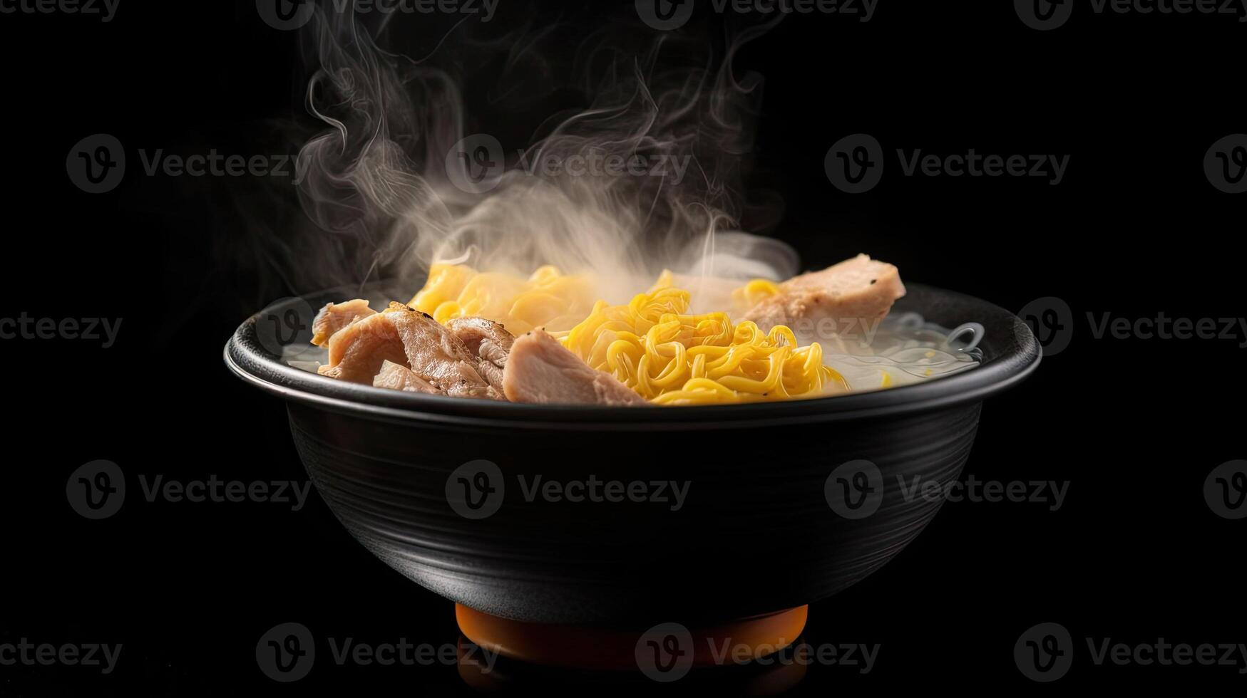 Japanese ramen soup with chicken, egg, chives and sprout on dark background AI Generative photo