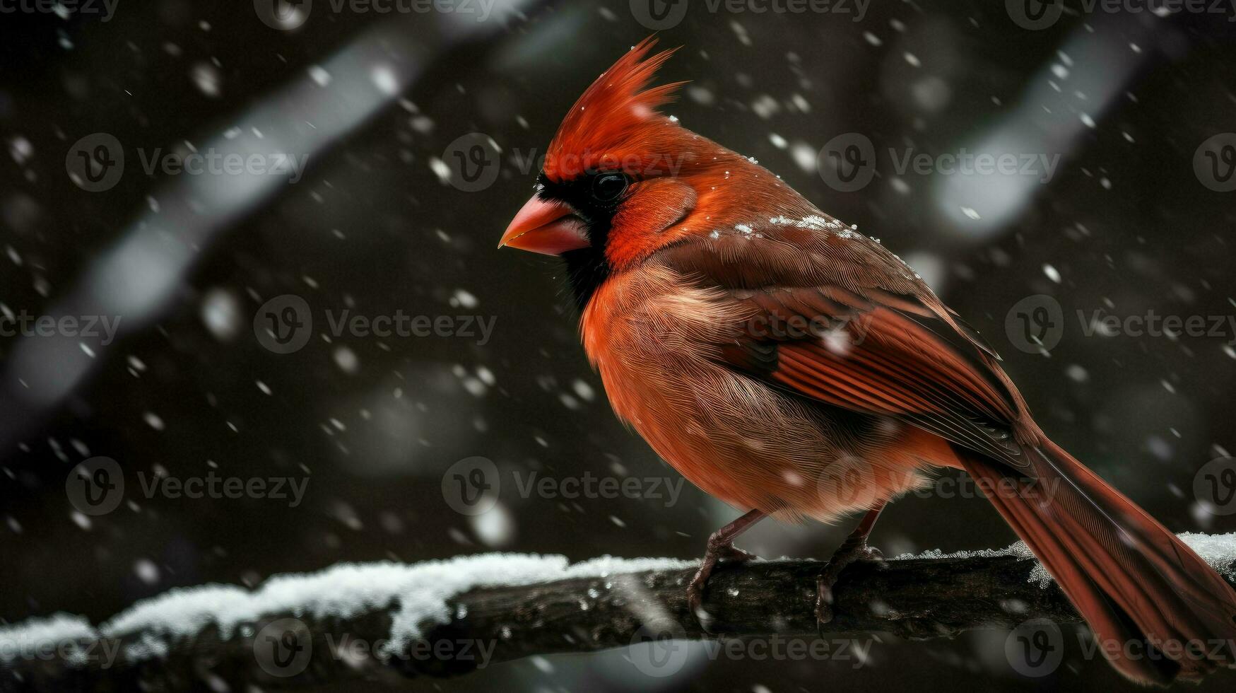 Northern cardinal in winter storm AI Generative photo
