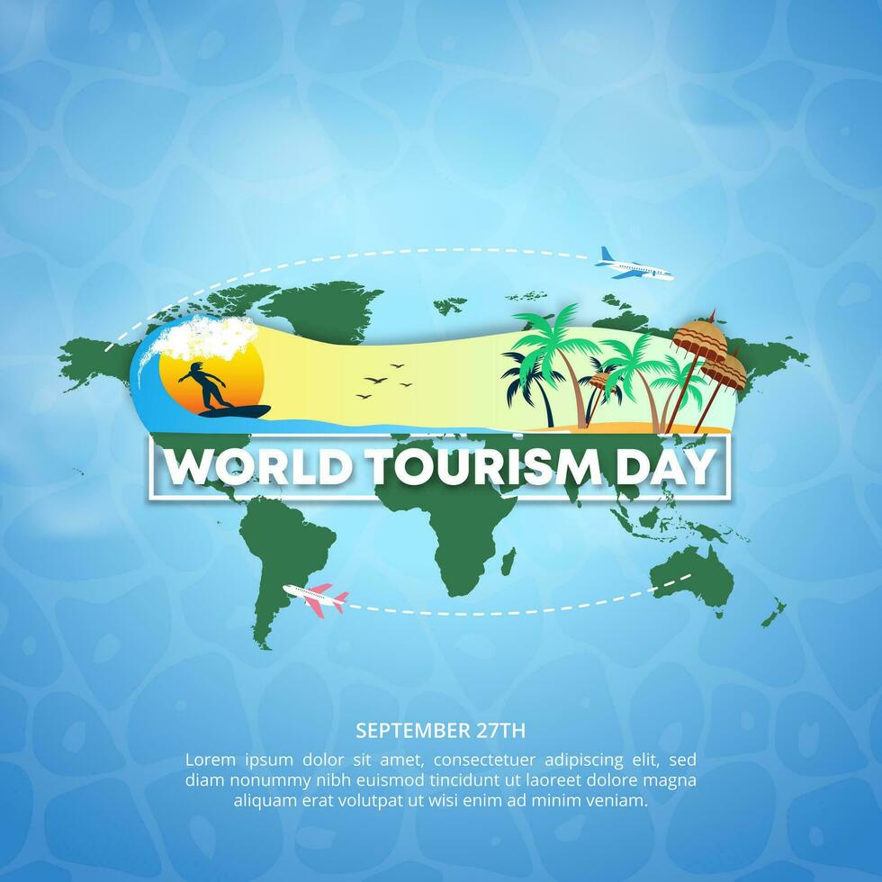 Square World Tourism Day background with a beach scenery and world map vector