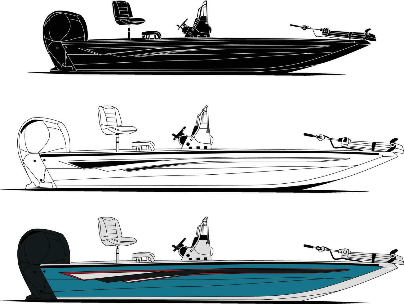 Fishing boat vector, motorboat vector line art illustration and one color