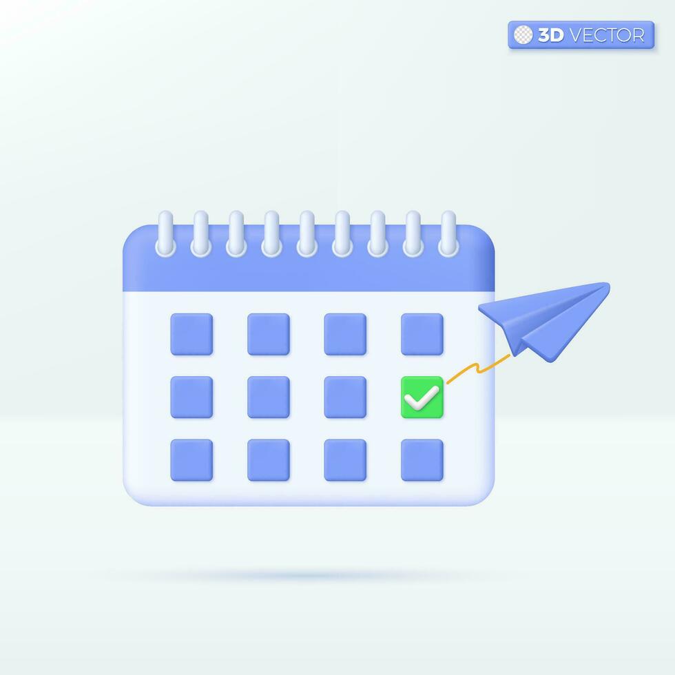 Calendar and check for travel icon symbols. planning a vacation, paper airplane concept. 3D vector isolated illustration design. Cartoon pastel Minimal style. You can used for design ux, ui, print ad.