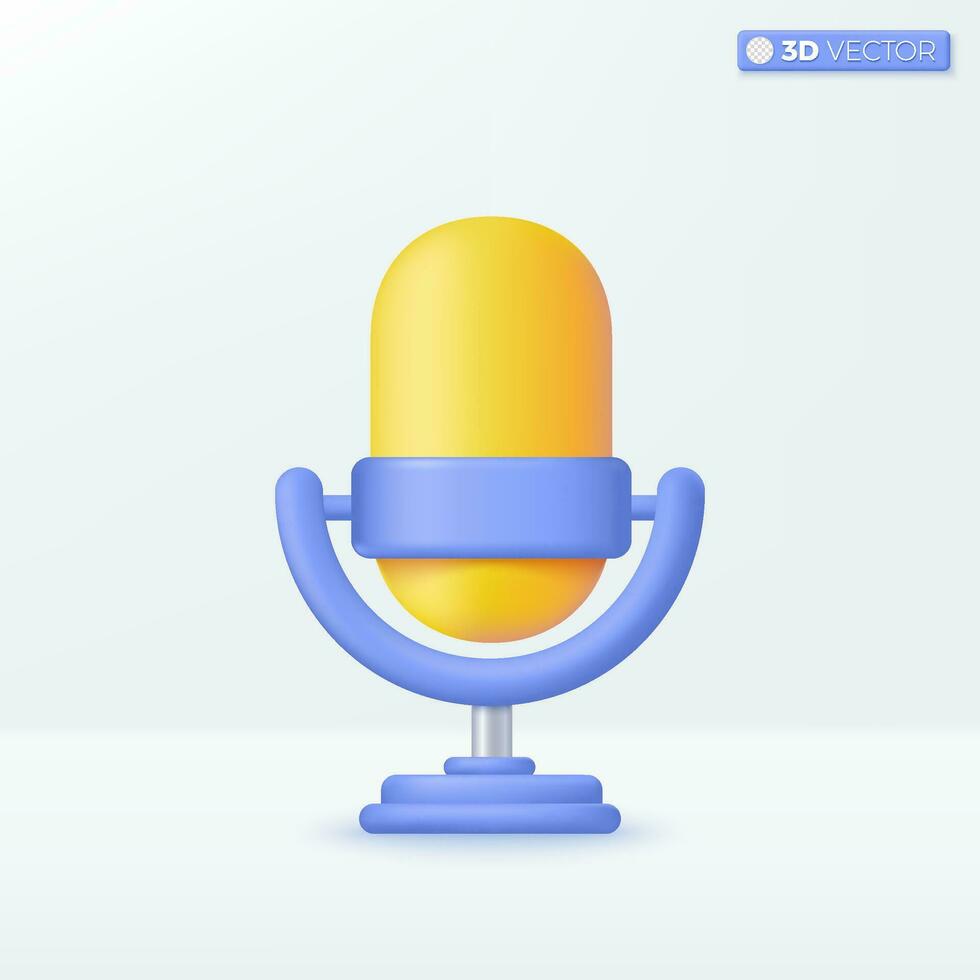 Yellow Microphone on stand. equipment for audio broadcasts. 3D vector isolated illustration design. Cartoon pastel Minimal style. You can used for music, karaoke, recording, studio, ux, ui, print ad.