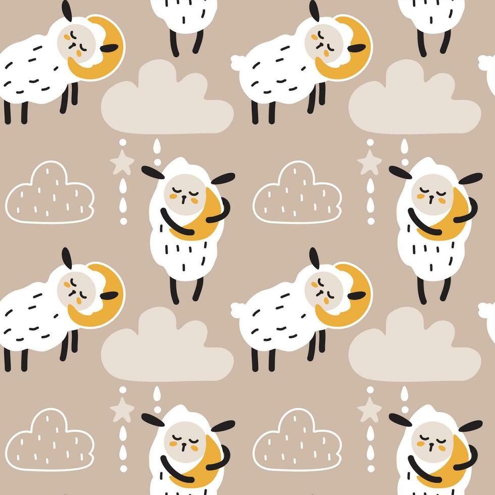 Cute sheep hugs the moon and sleeps sweetly. Kids print painted in candinavian style. Seamless pattern. vector