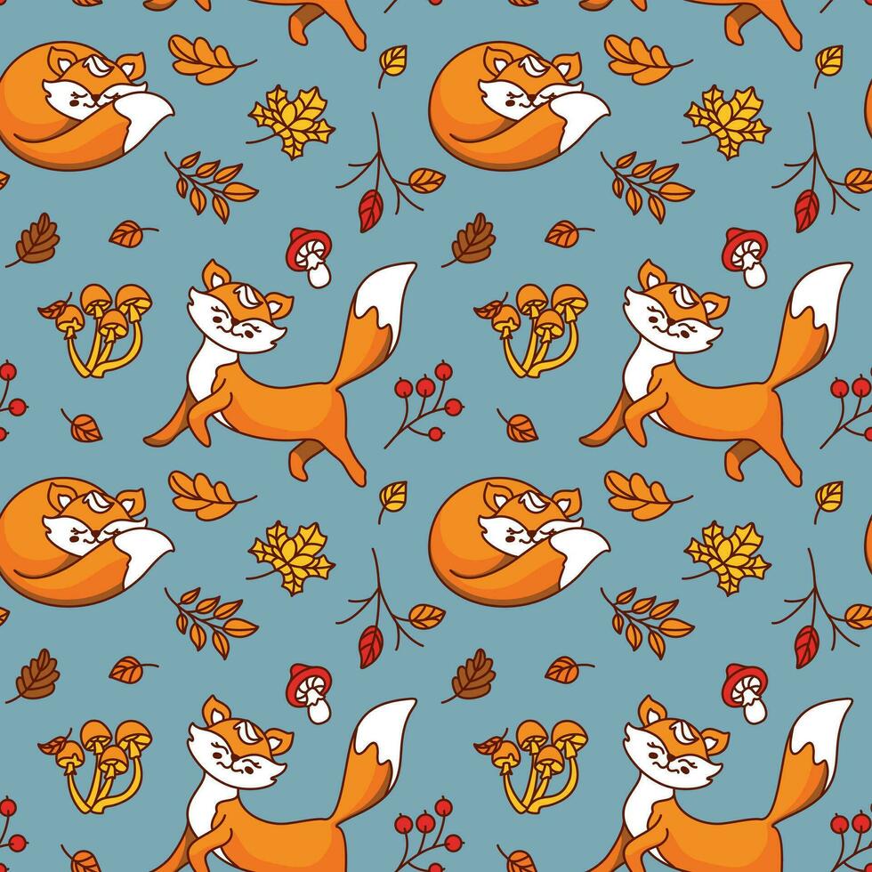 Cute fox walks in the autumn forest. Seamless pattern. Kids print. Vector. vector
