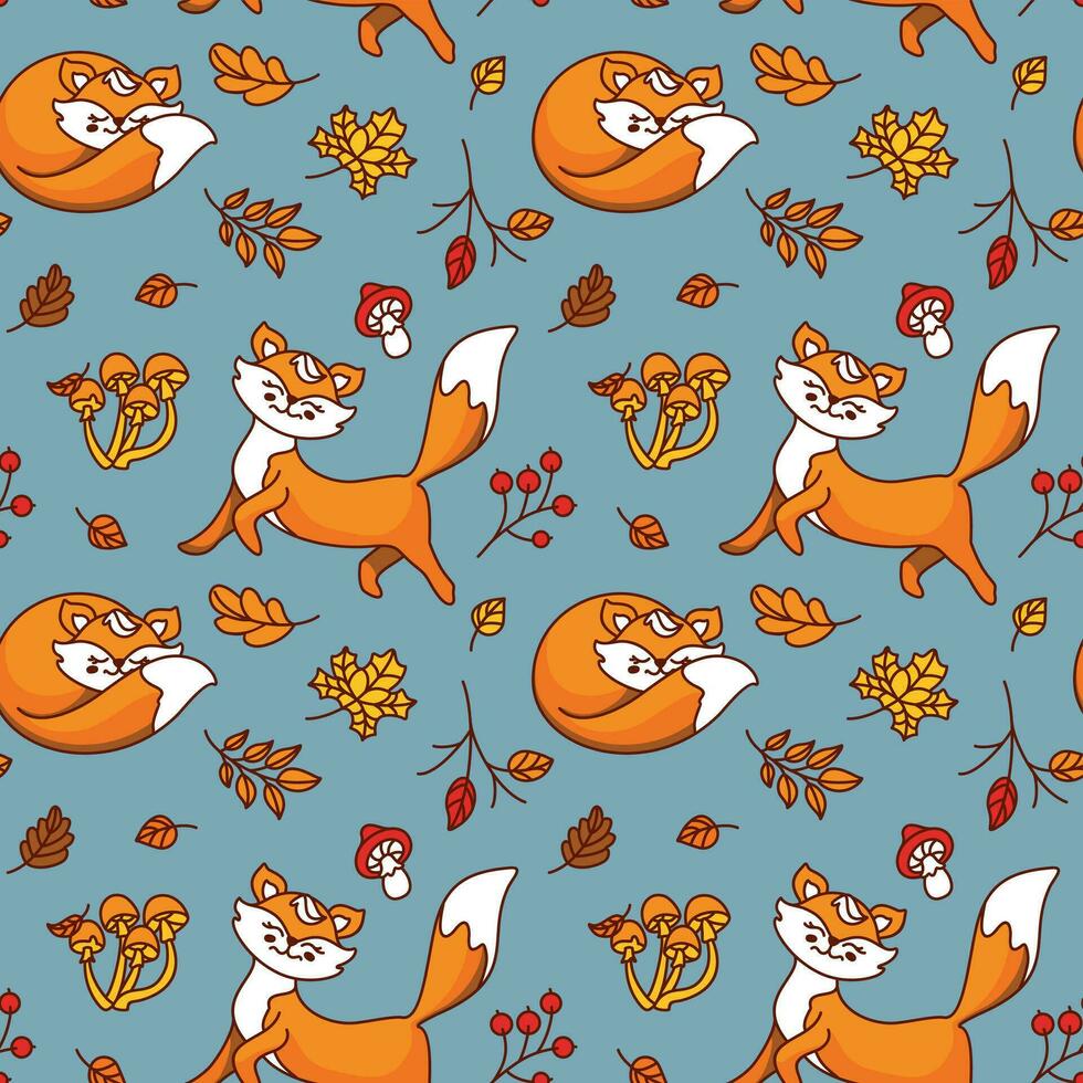 Cute fox walks in the autumn forest. Seamless pattern. Kids print. Vector. vector