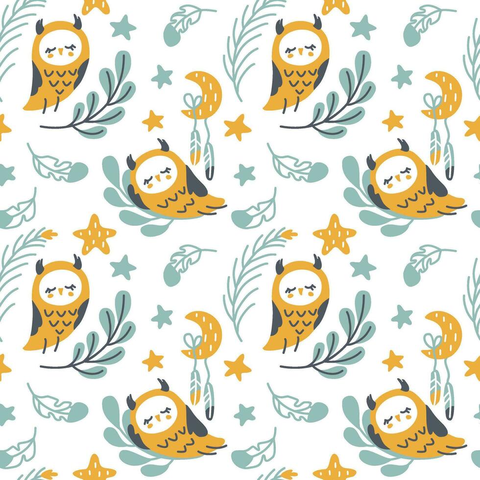 Cute Owl sleeping on a tree branch under the starry sky. Kids print painted in candinavian style. Seamless pattern. vector