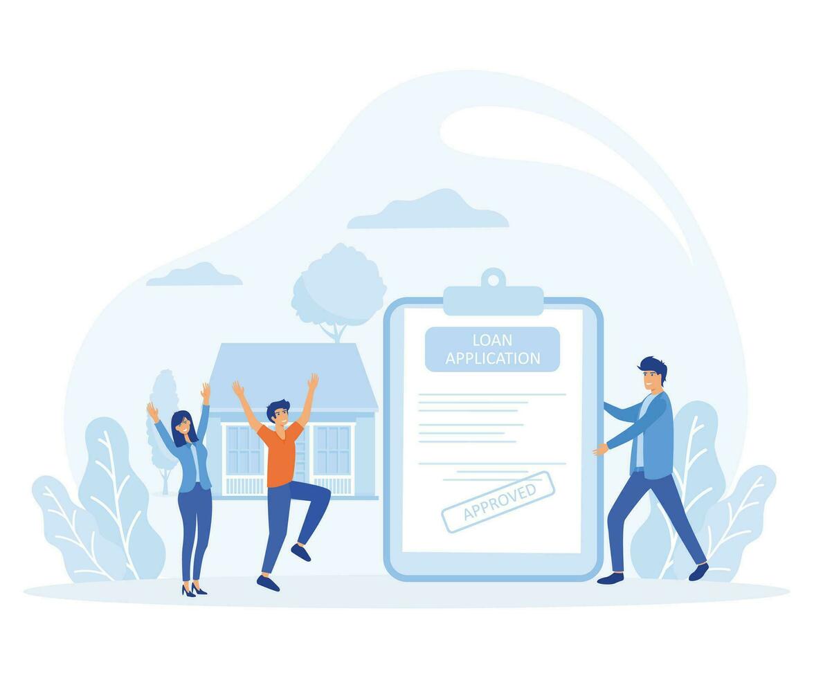 Credit agent holds loan approval application document with approved stamp. People borrow money from bank  to buy real estate, flat vector modern illustration
