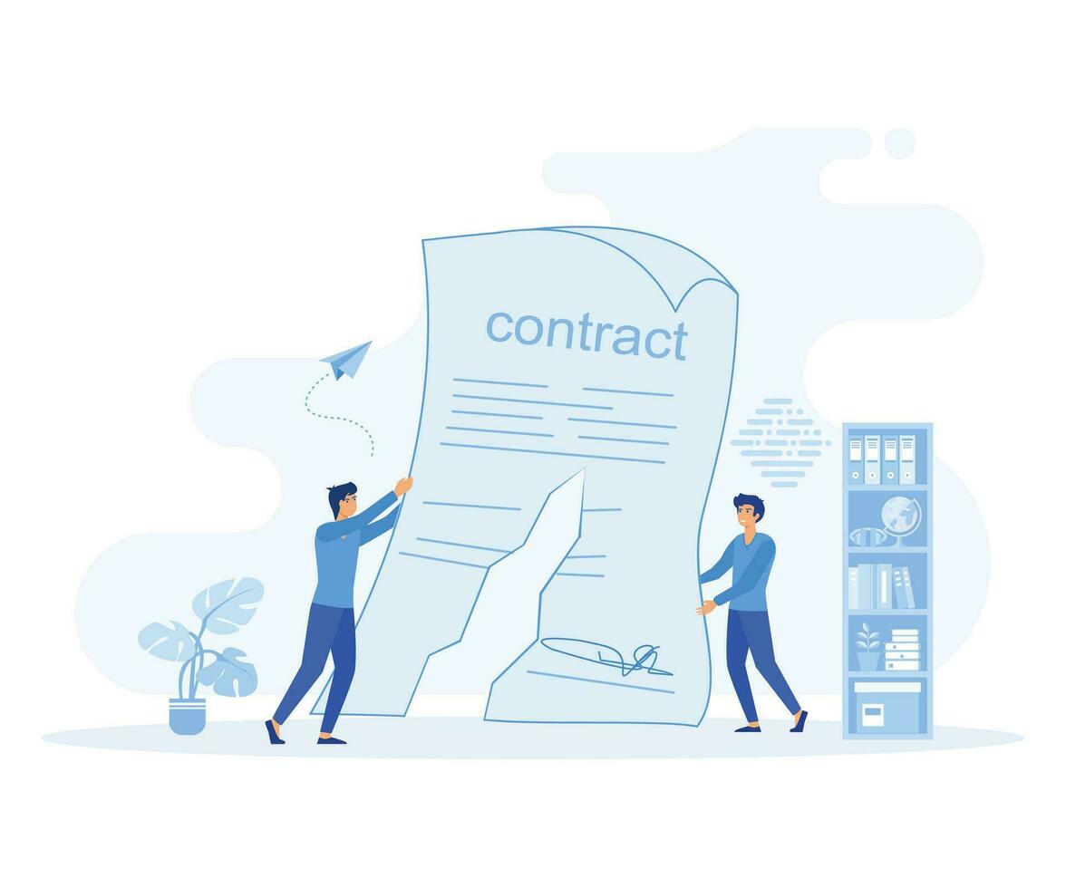 cancelación de un contrato. concepto de terminación de un acuerdo. dos hombres en traje desgarro contrato. plano vector moderno ilustración