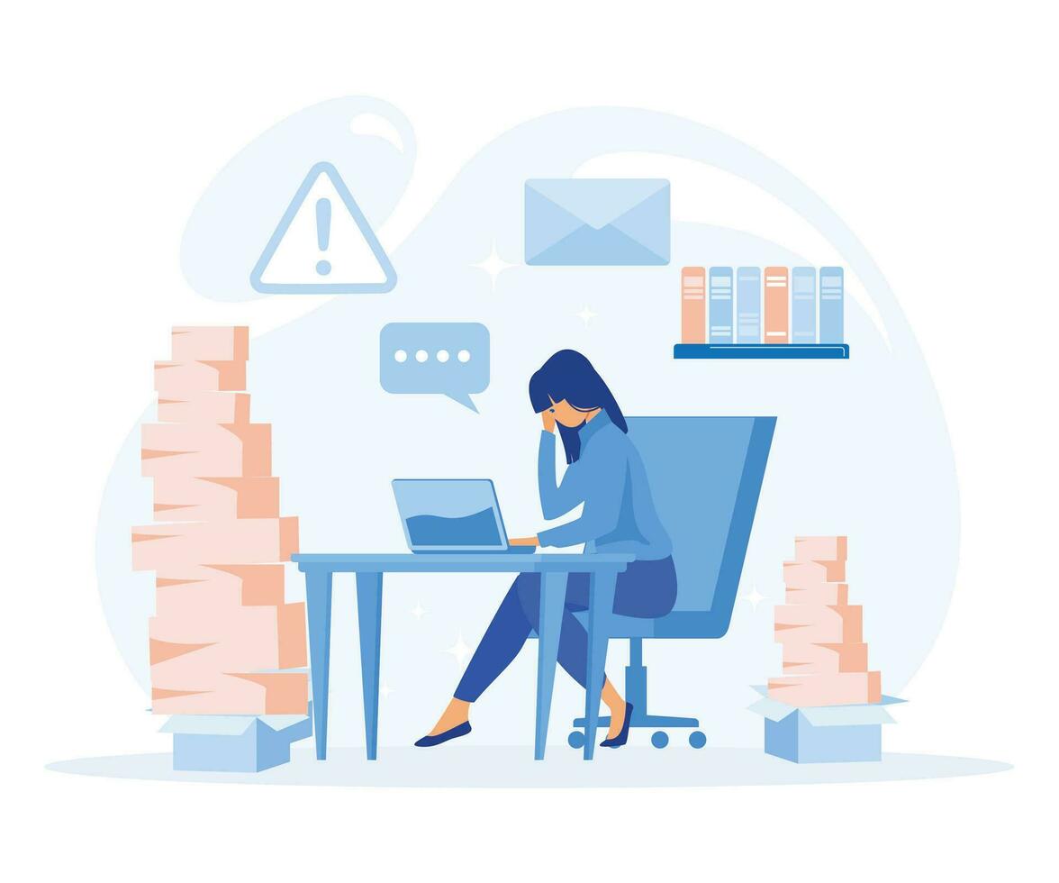 Tired young woman working on her laptop among piles of papers and documents. Stress in the office,  flat vector modern illustration