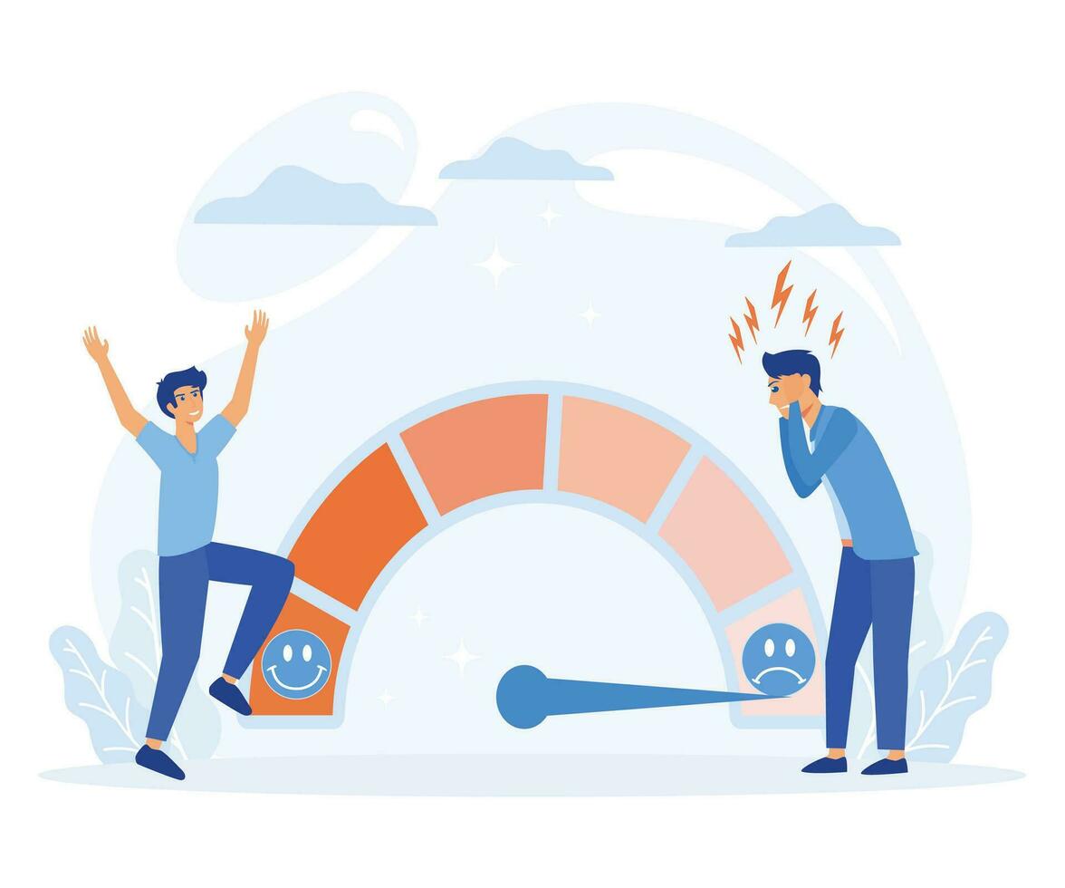 Stress level, mood scale. Man solves problems and reduces psychological pressure. flat vector modern illustration