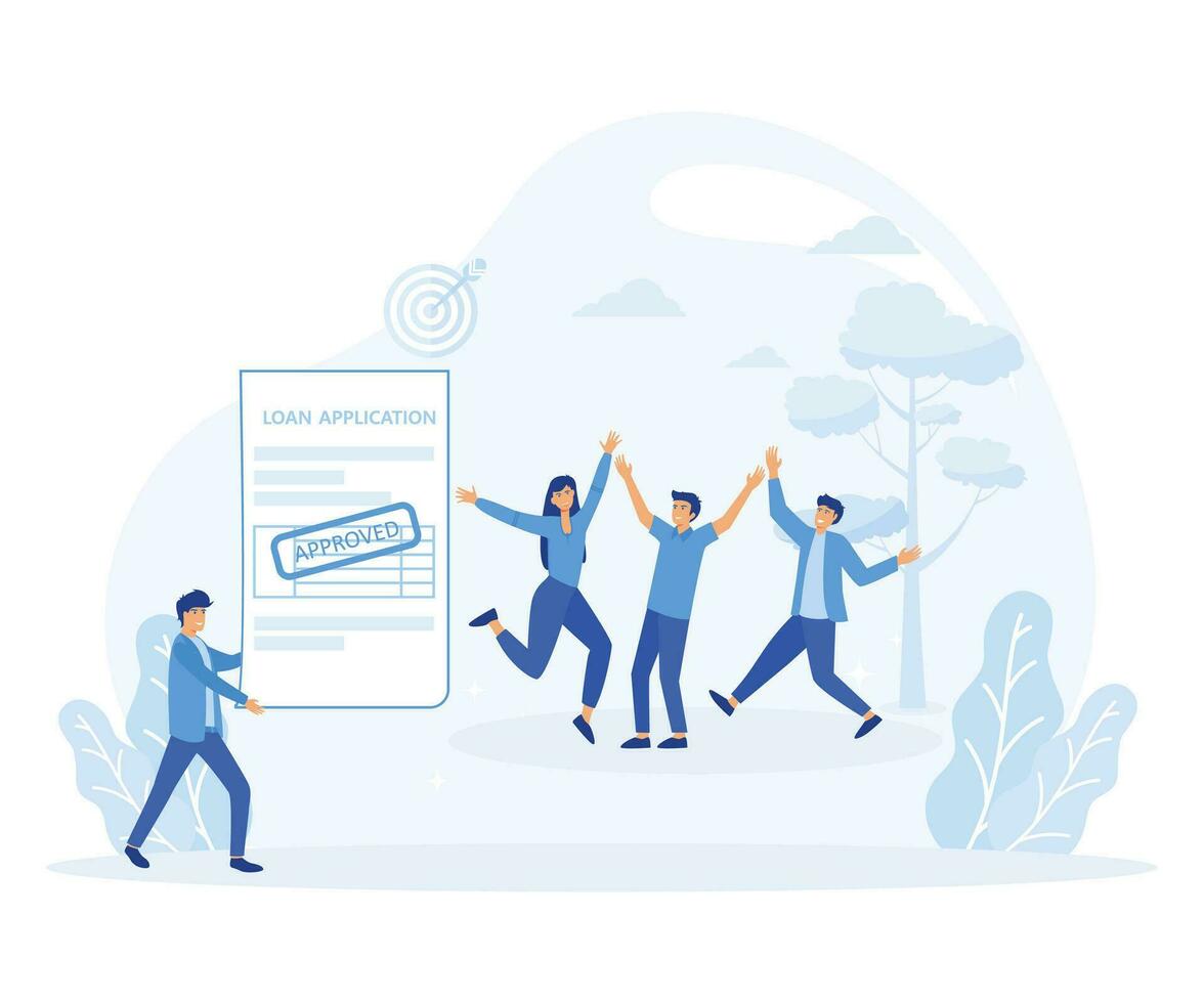 loan approval concept. man holds loan approval application paper  and the other  jumping behind with happy. flat vector modern illustration