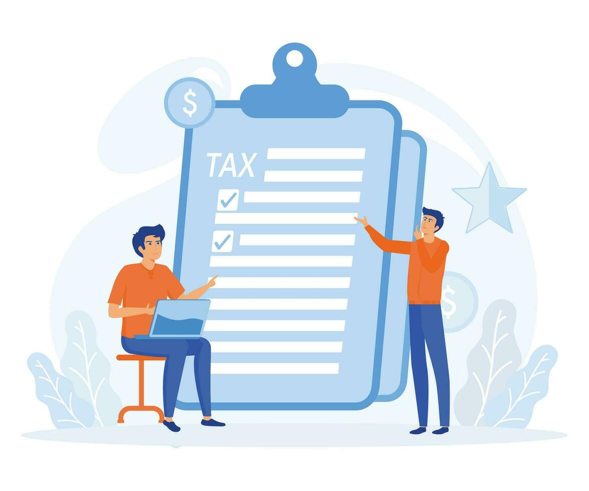 Taxation planning concept. Characters using tax calendar to filling tax declaration form online and with financial advice. flat vector modern illustration