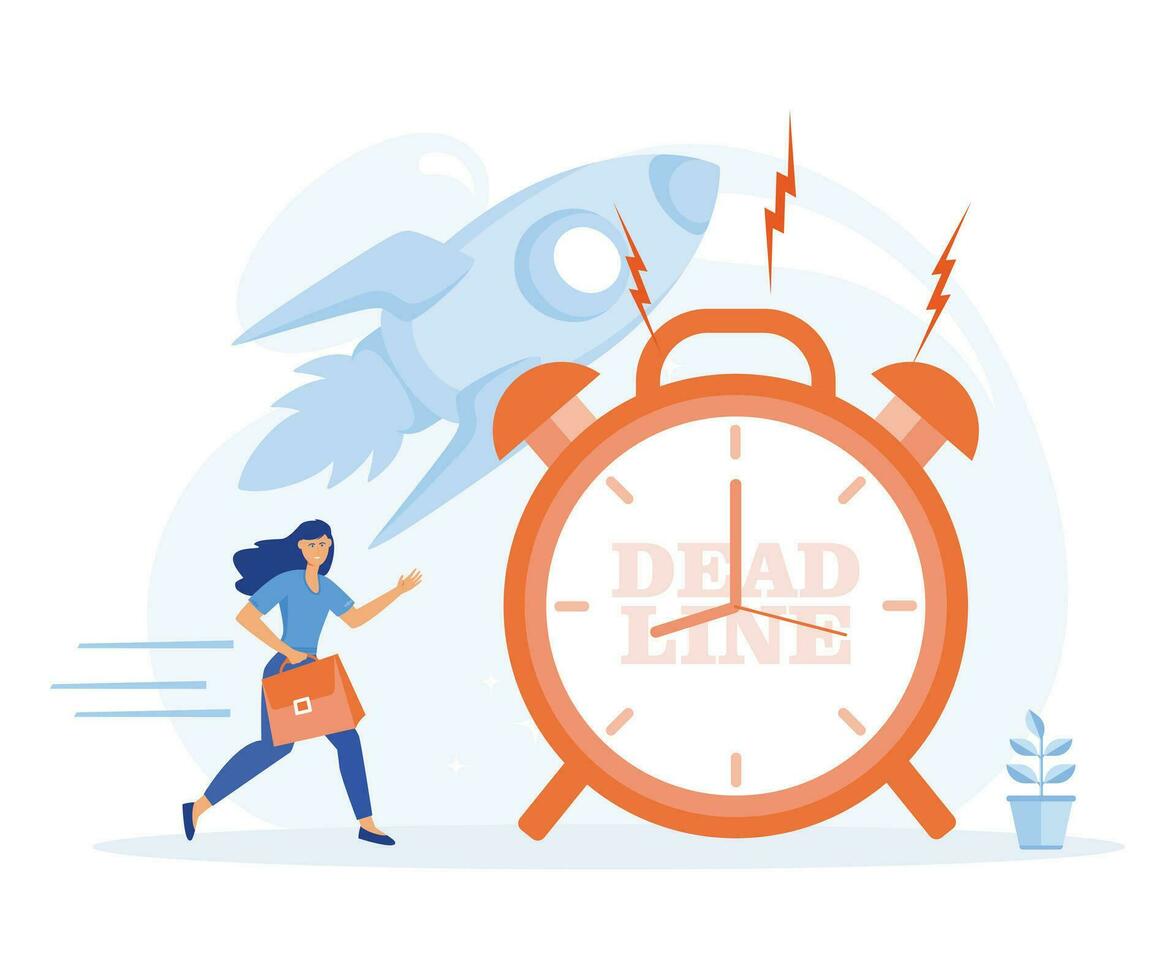 hurry concept, young business woman run in hurry to catch a deadline project. flat vector modern illustration