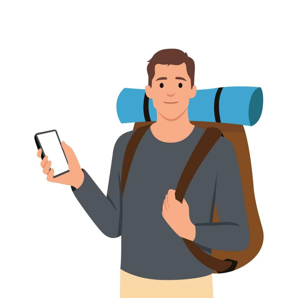 Travel, tourism or weekend concept. Traveler using smartphone, watches videos, writes for a blog or communicates with friends on a mobile phone. vector