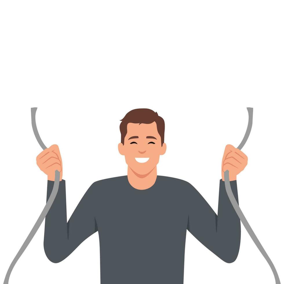 Eror 404 with sad man holding broken wire in hands and having trouble accessing internet site. Guy with damaged network cable symbolizing web error. vector