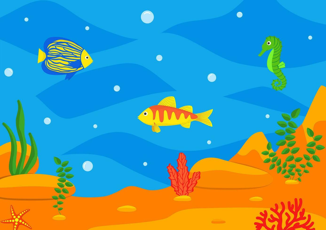 Cartoon underwater landscape. Sea and ocean underwater, game level vector background with coral reefs and marine animals. Underwater bottom with algae, starfish and fish