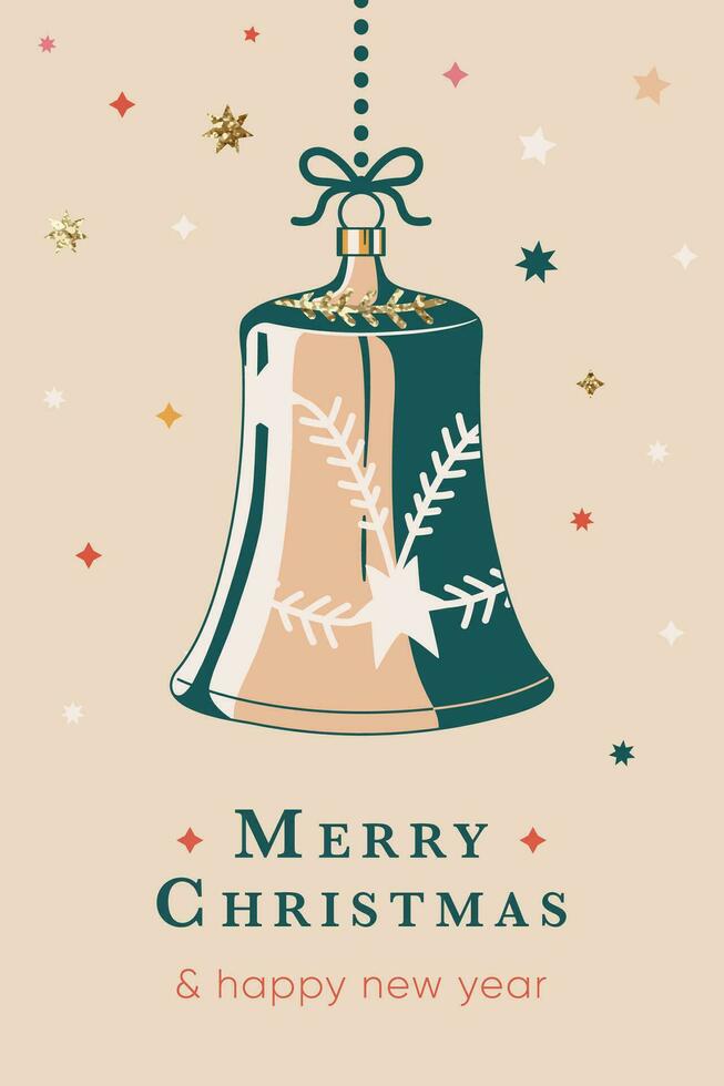 alegre Navidad saludo tarjeta con Clásico Navidad campana decoración. ilustración en retro estilo diseño con dorado Brillantina estrellas. fiesta invitación. Navidad tarjeta postal con árbol juguete decoración. vector