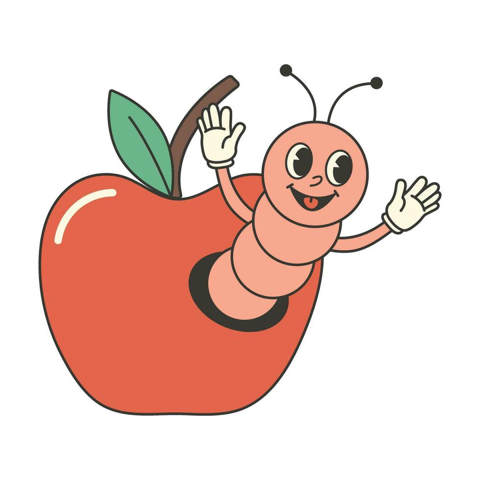 Retro groovy cute apple with worm sticker. Autumn fall garden consept. Cartoon character, mascot. vector