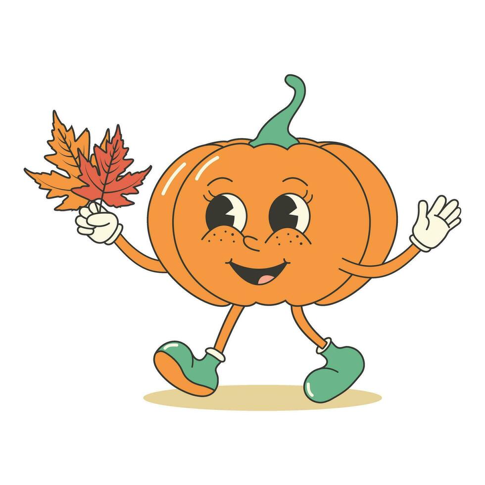 Retro groovy cute pumpkin character with autumn colorful maple leaves. Retro mascot sticker. Autumn fall garden concept. vector