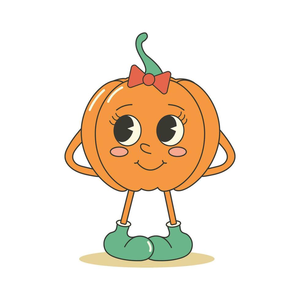 Retro groovy cute pumpkin character. Retro mascot sticker. Autumn fall garden concept. vector