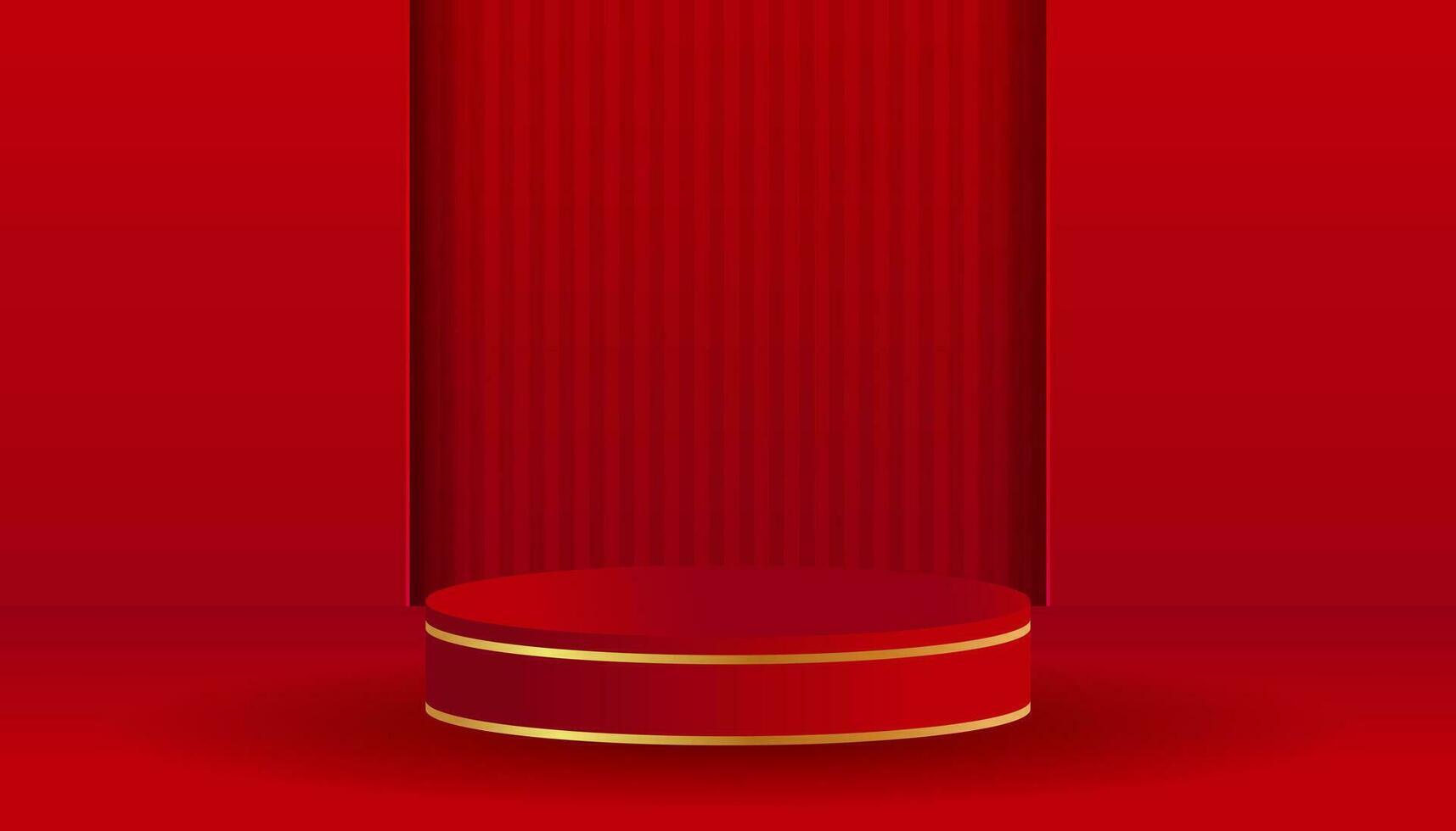 Abstract realistic 3D red cylinder pedestal podium with red perspective stripes vector