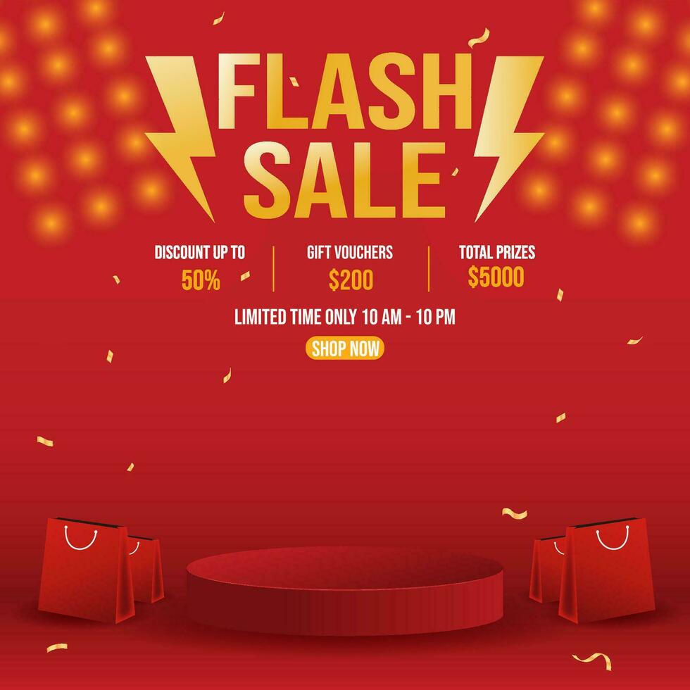 Flash sale promo banner template with podium and flying discount label, sale and discount vector