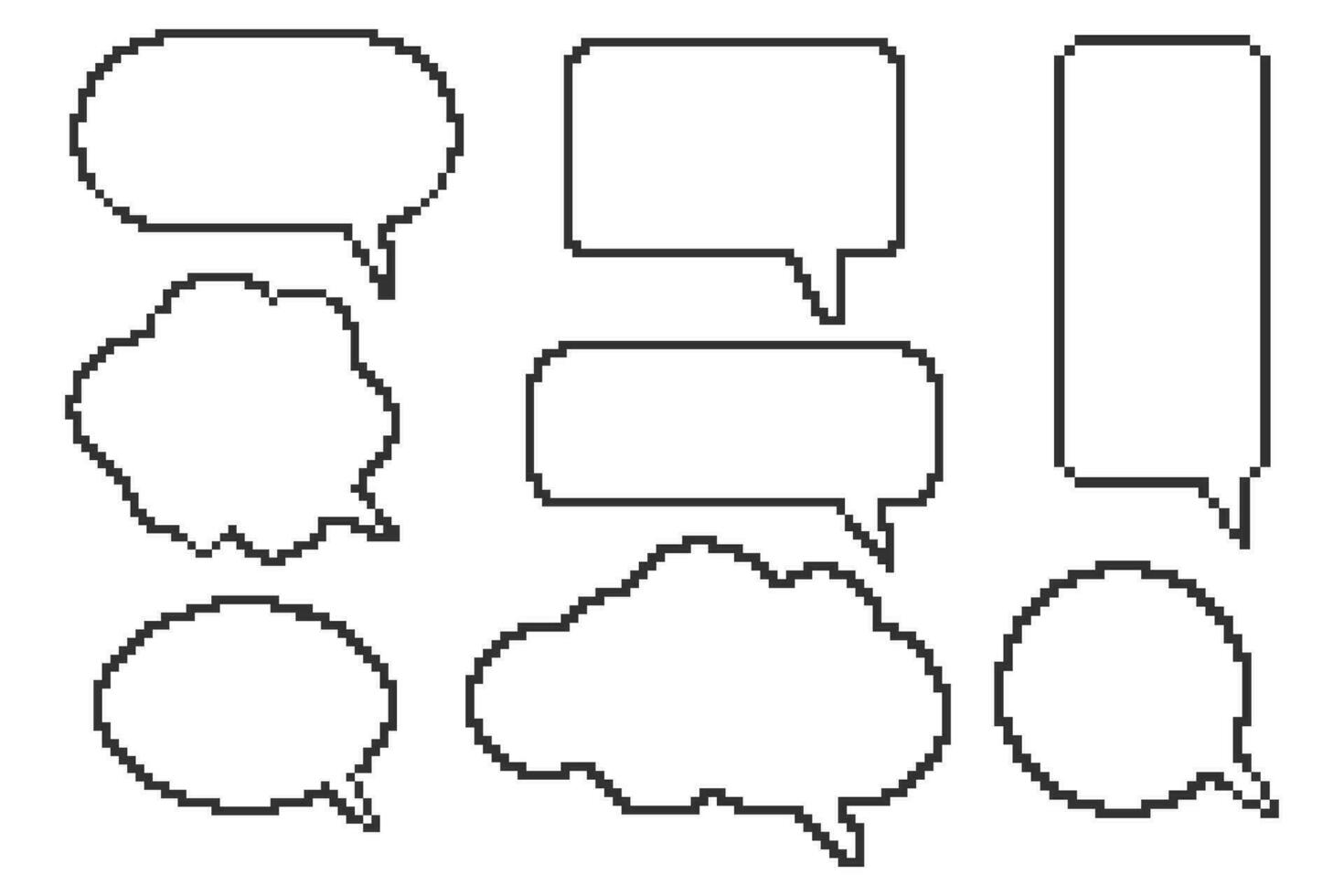 Speech bubble pixel art for game chat and dialogue message. Retro digital balloon box frame. Comment windows set. Vector