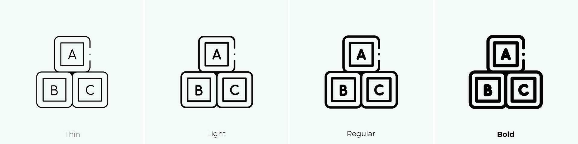 a B C bloquear icono. delgado, luz, regular y negrita estilo diseño aislado en blanco antecedentes vector