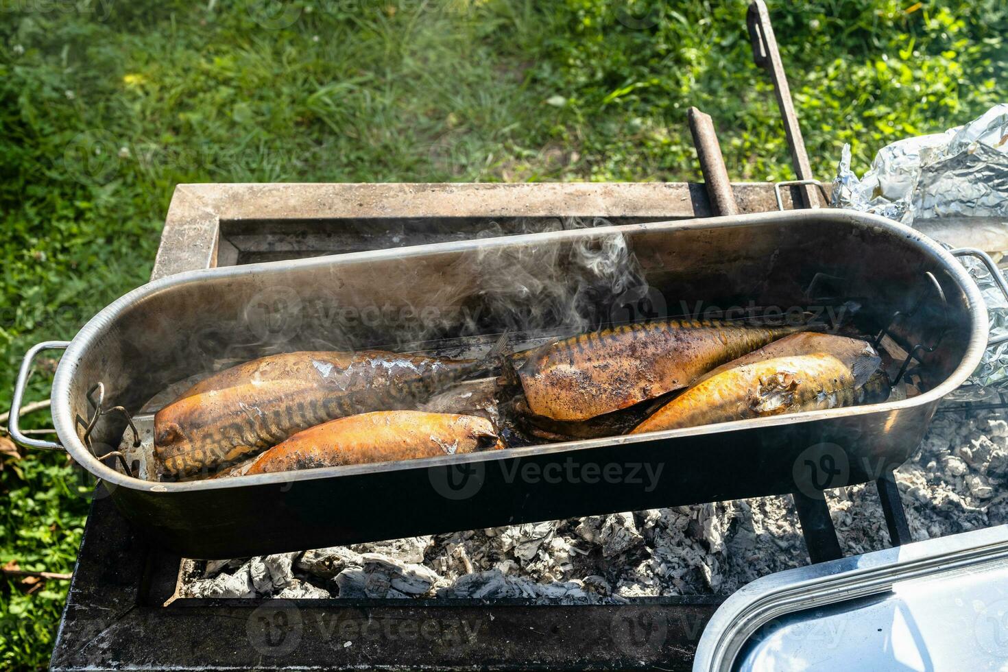 freshly smoked fish in smoking pot on hot grill photo