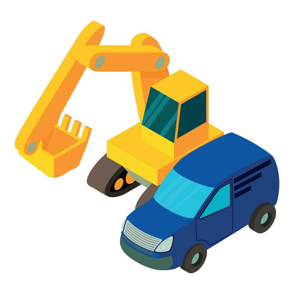 Building site icon isometric vector. Crawler excavator near blue automobile icon vector