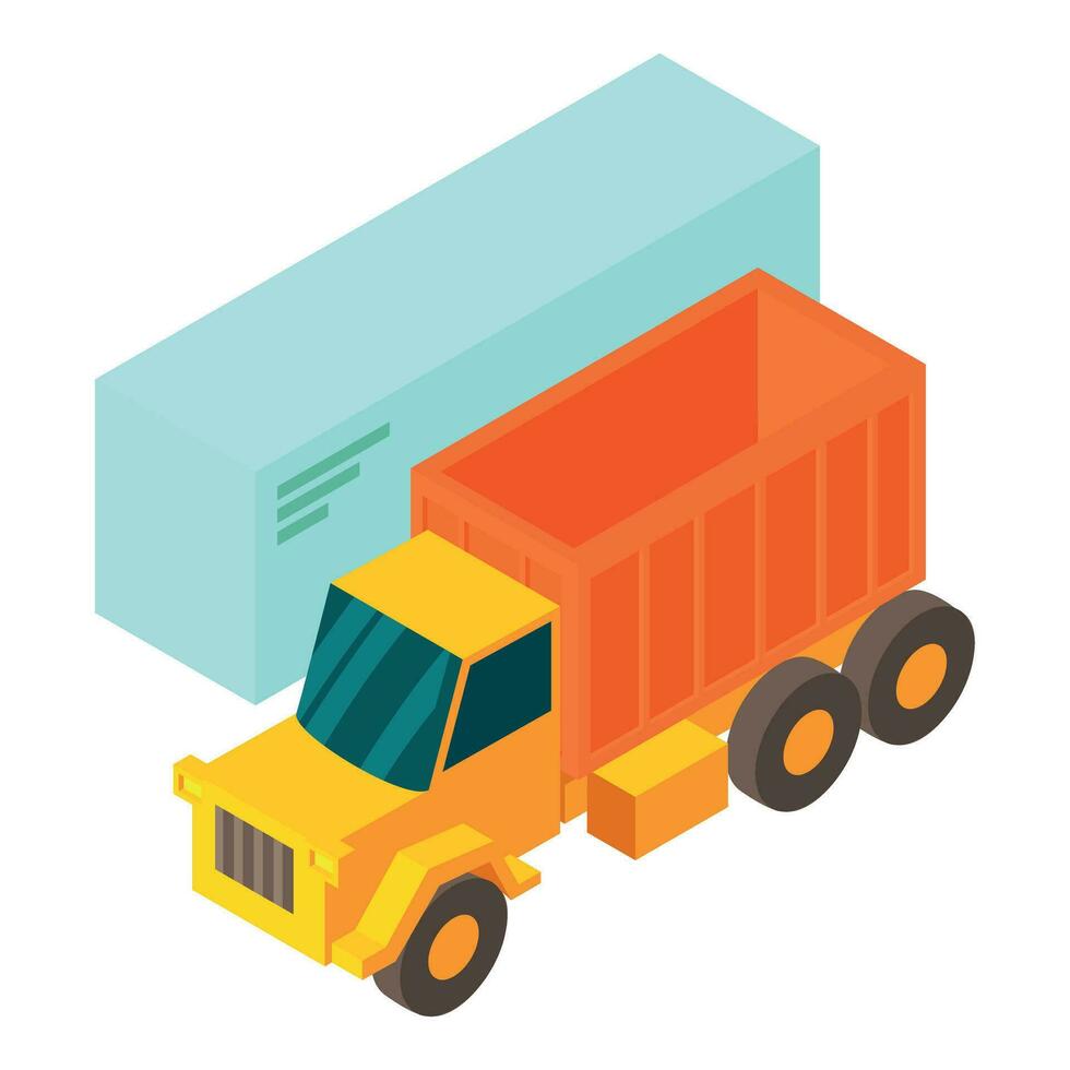 Building concept icon isometric vector. Big yellow dump truck and cargo trailer vector