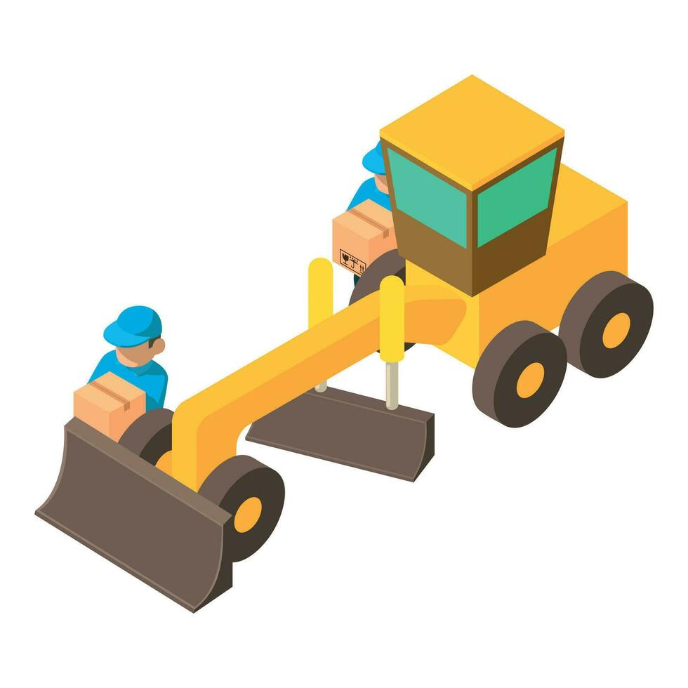 Earth work icon isometric vector. Two man worker with box near motor grader icon vector