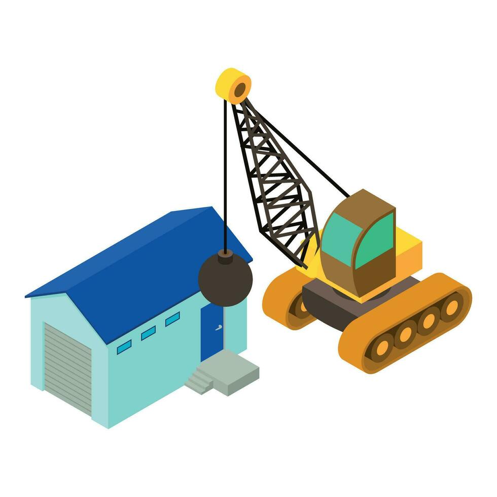 Demolition work icon isometric vector. Demolition crane and old utility building vector