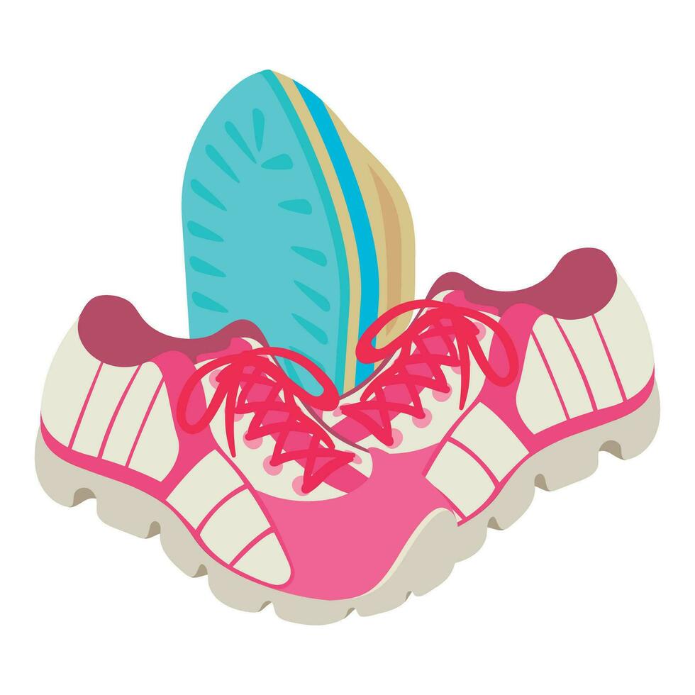 Sport shoes icon isometric vector. Pair of pink sneakers and cordless iron icon vector