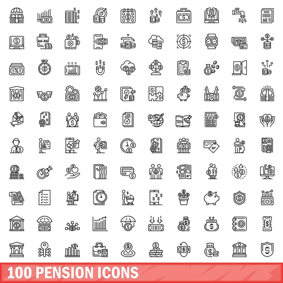 100 pension icons set, outline style vector