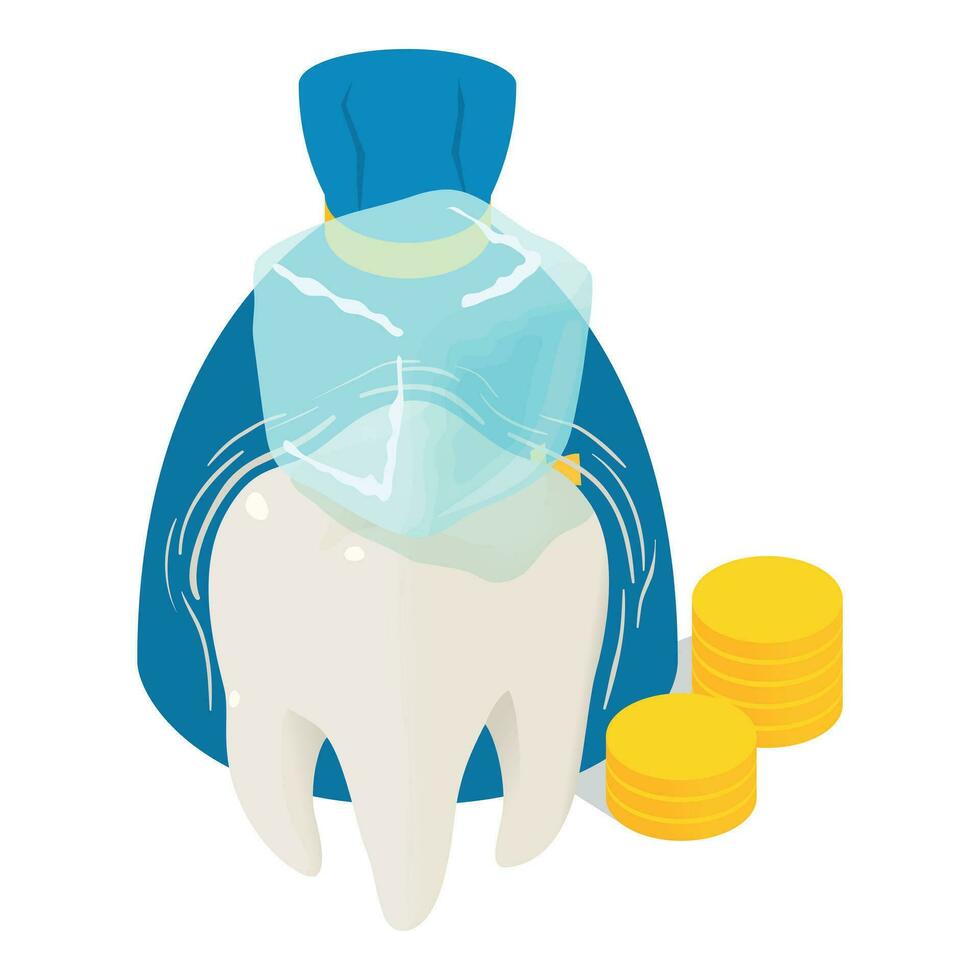 dental Servicio icono isométrica vector. hielo cubo en humano diente y dinero bolso icono vector