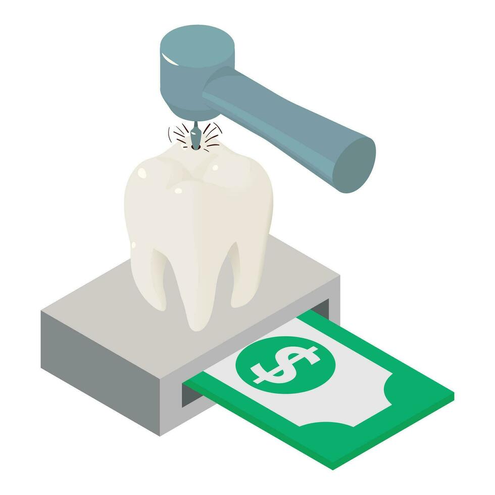 Tooth treatment icon isometric vector. Caries removing process and dollar bill vector