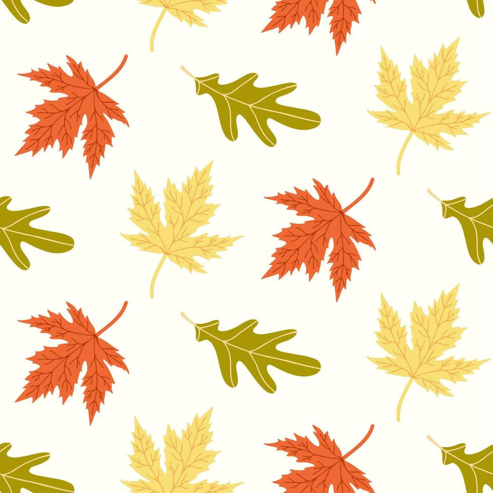 Seamless pattern of doodle maple and oak leaves on isolated background. Hand drawn background for Autumn harvest holiday, Thanksgiving, Halloween, seasonal, textile, scrapbooking. vector