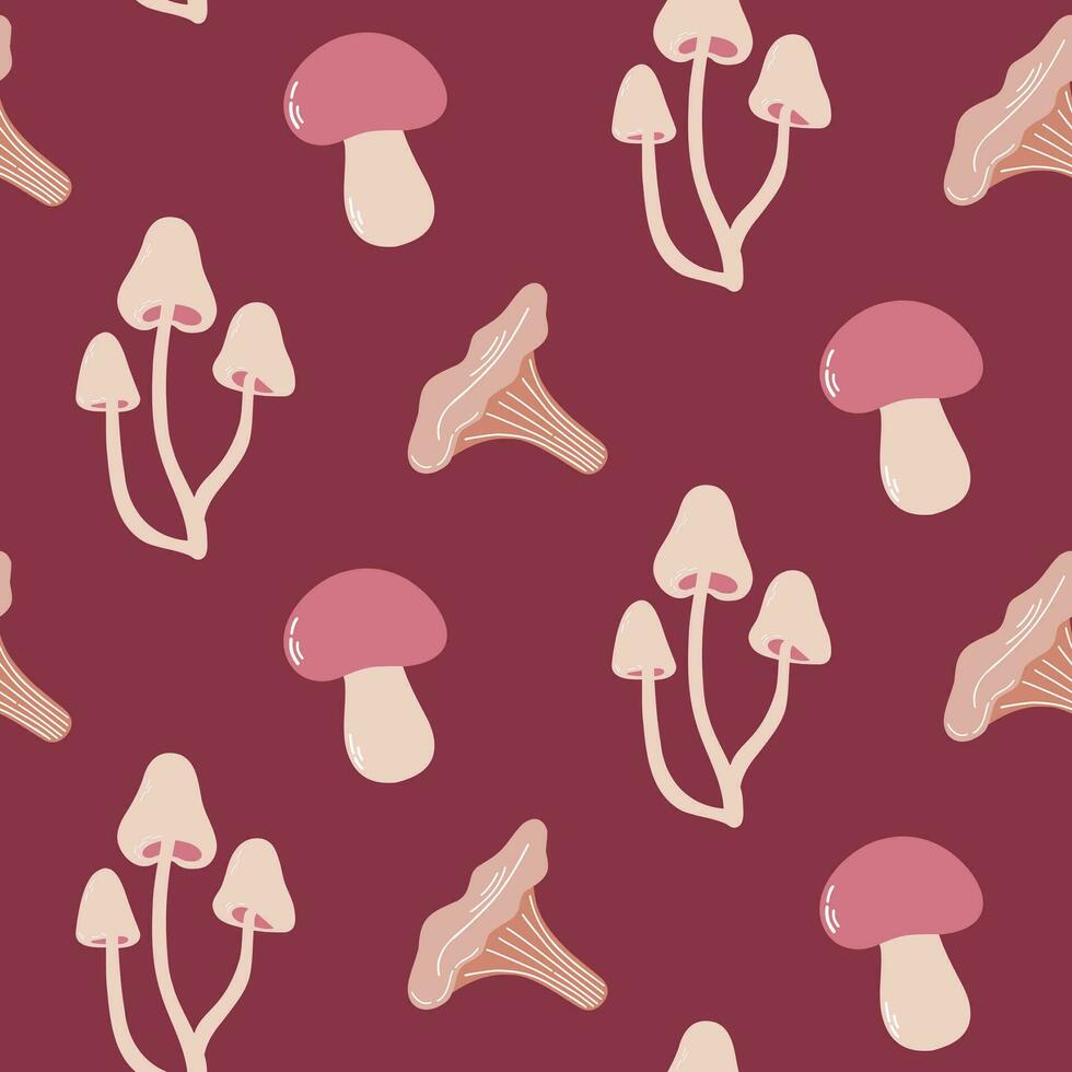 Seamless pattern of doodle boletus, chantarelle and fairy ring mushrooms on isolated background. Hand drawn background for Autumn harvest holiday, Thanksgiving, Halloween. vector