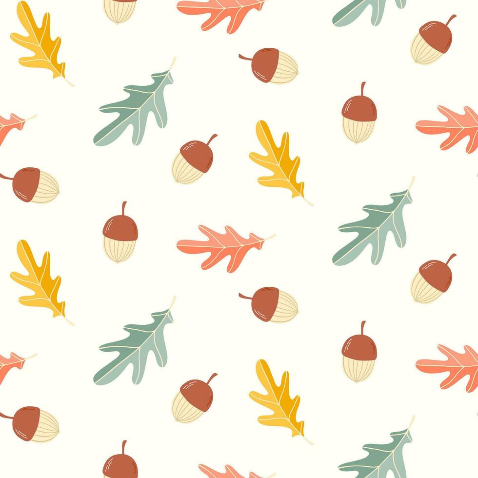 Seamless pattern of doodle oak leaves and acorns on isolated background. Hand drawn background for Autumn harvest holiday, Thanksgiving, Halloween, seasonal, textile, scrapbooking. vector