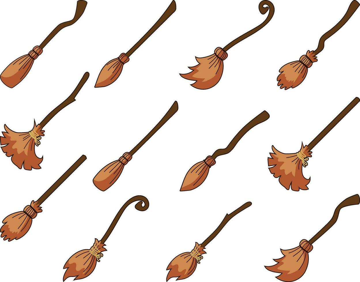 Witch brooms. Magic halloween broomstick, wizard broom and old wooden clean tool for housework cartoon vector set of magic broom illustration