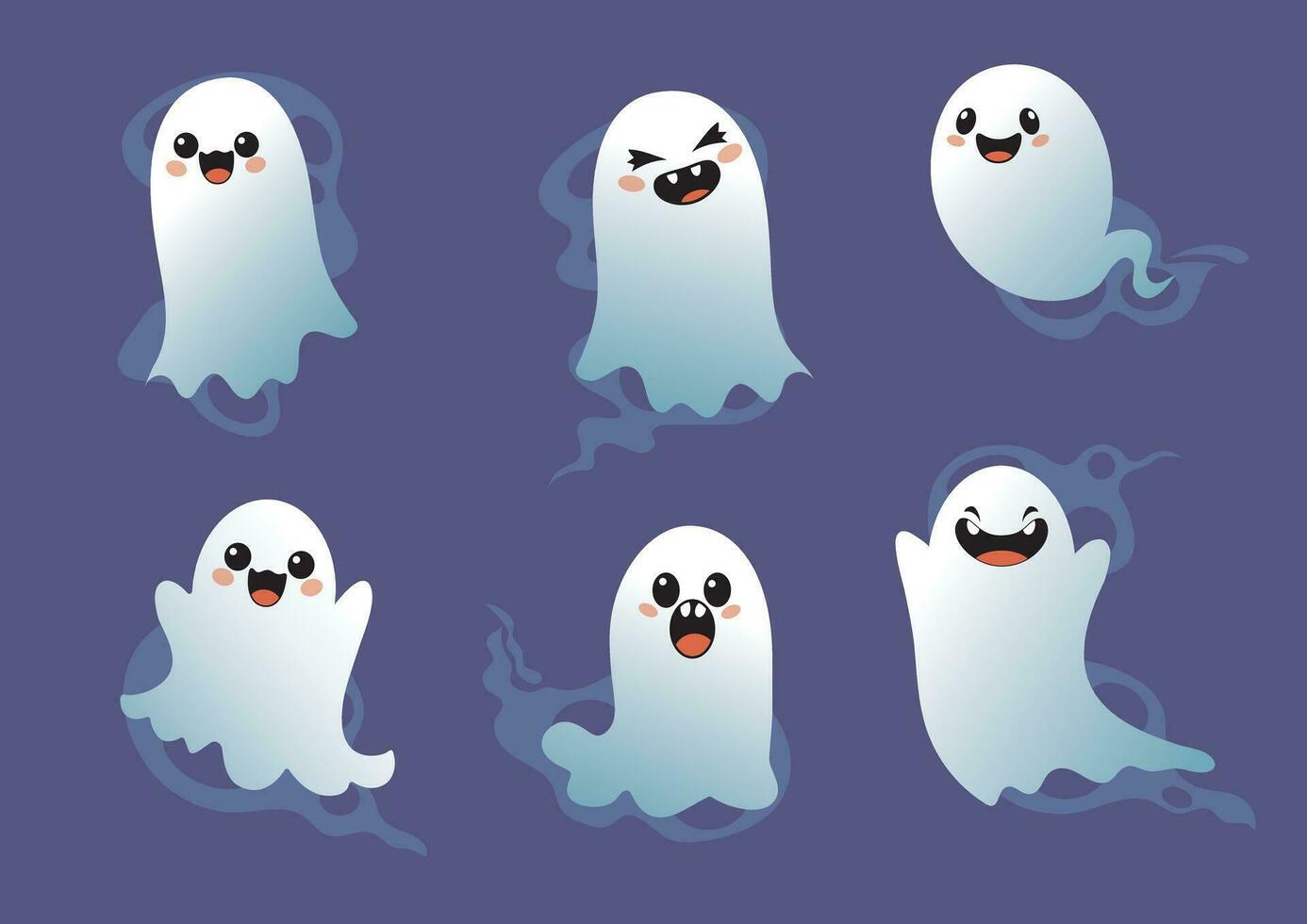 set of cute halloween ghost illustrations, halloween flat ghost collection template vector. Blue background, isolated editable object. vector