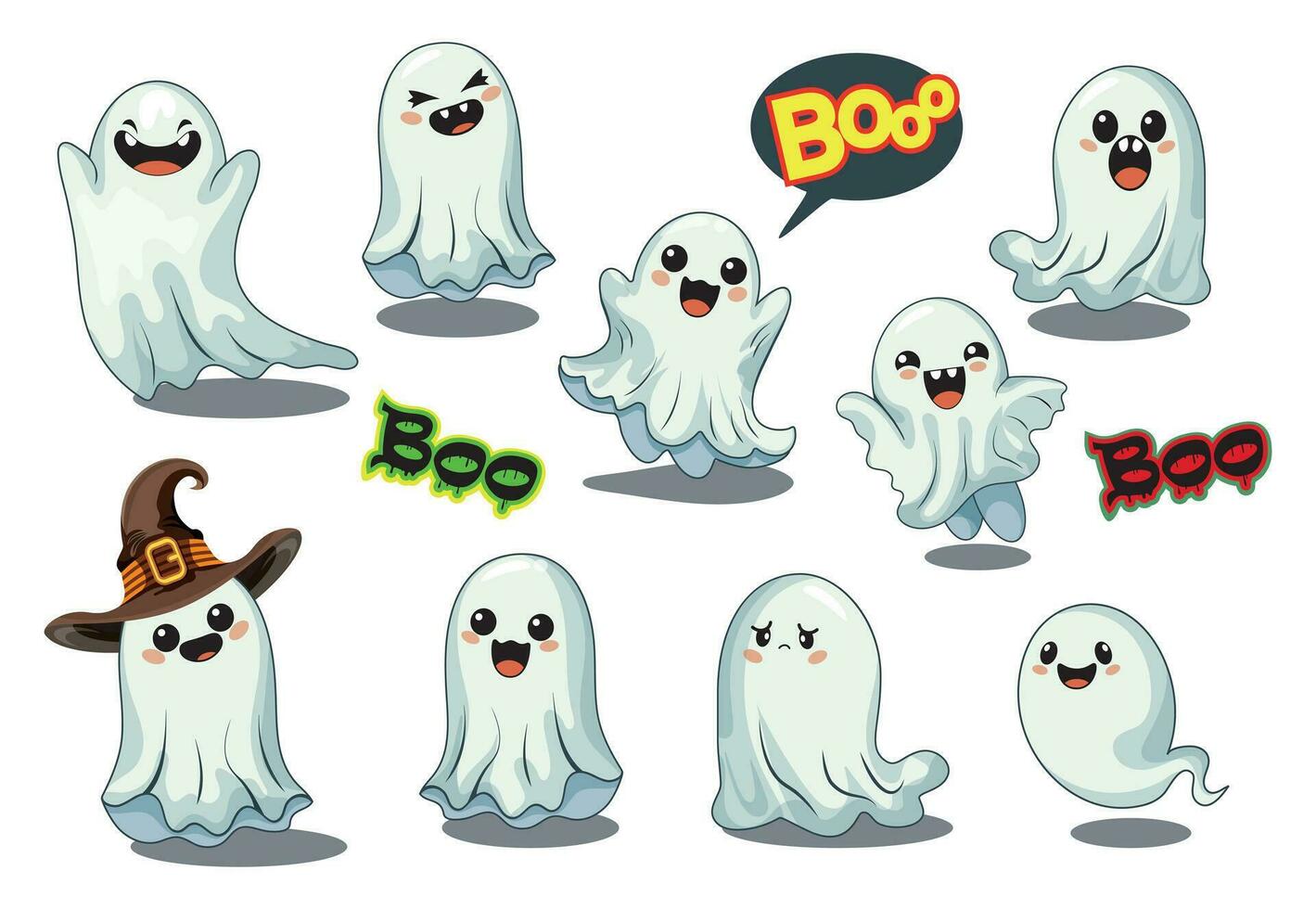 set of cute halloween ghost illustrations, halloween flat ghost collection template vector. White background, isolated editable object. vector