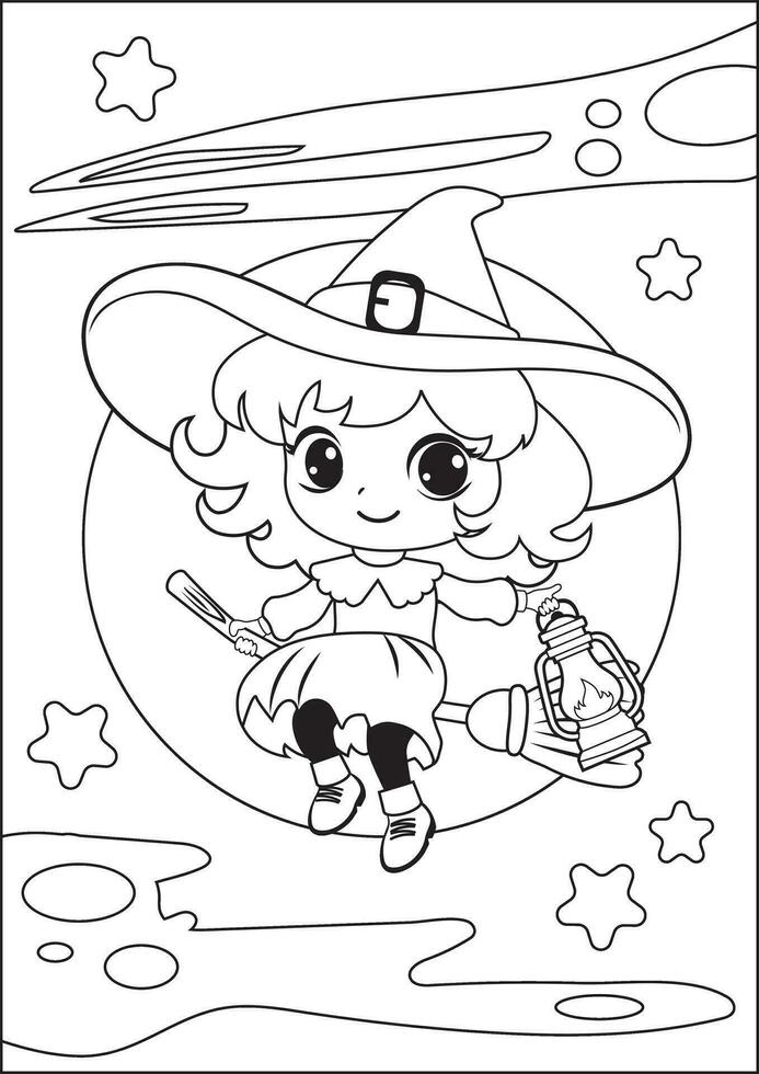 Coloring book for children. Cute witch on a broom. holiday Halloween. Coloring book for girls. Poster, ready to print. vector