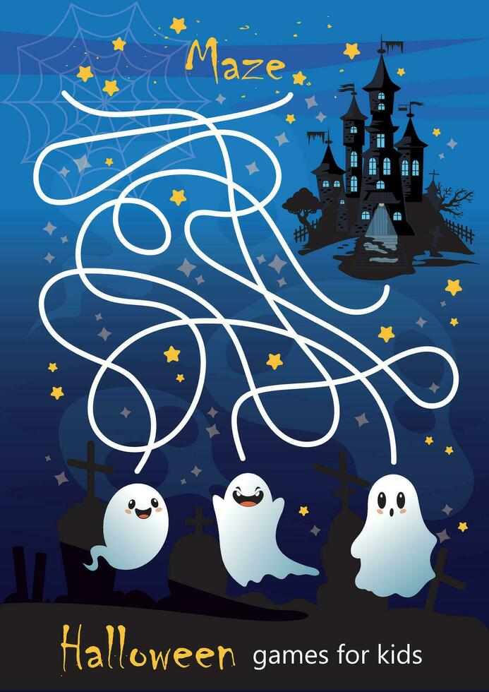 Halloween set, puzzle for children. ghost maze, guess which ghost lives in the castle. The development of logic and attention in preschoolers. fun entertainment for kids vector