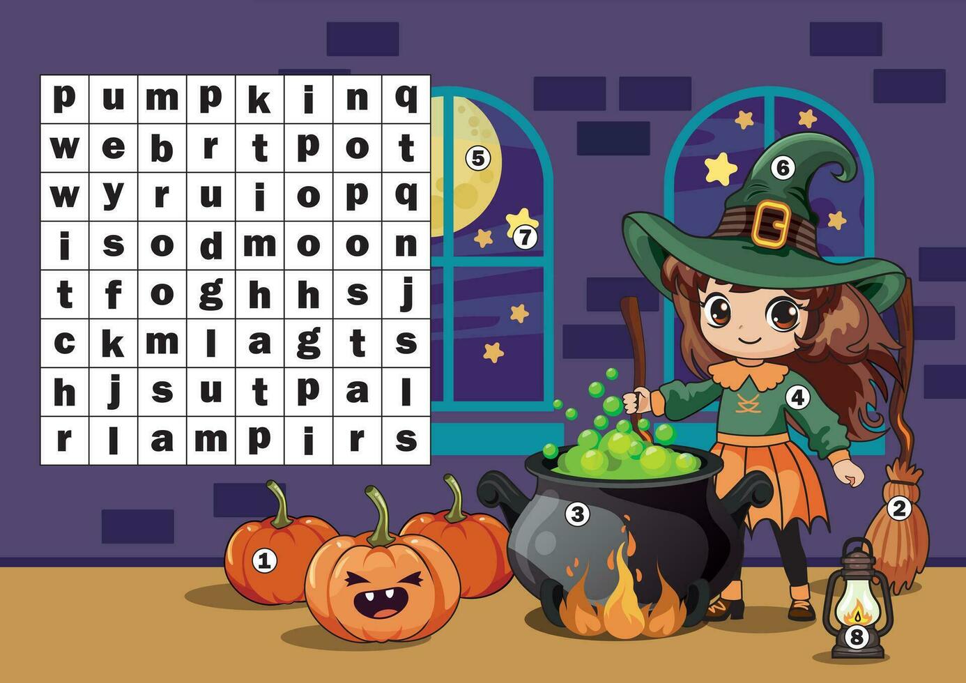 Halloween set, puzzle for children. Crossword, find the words. Cute little witch brews a potion in a pot in the castle. The development of logic and attention in preschoolers. Ready to print vector