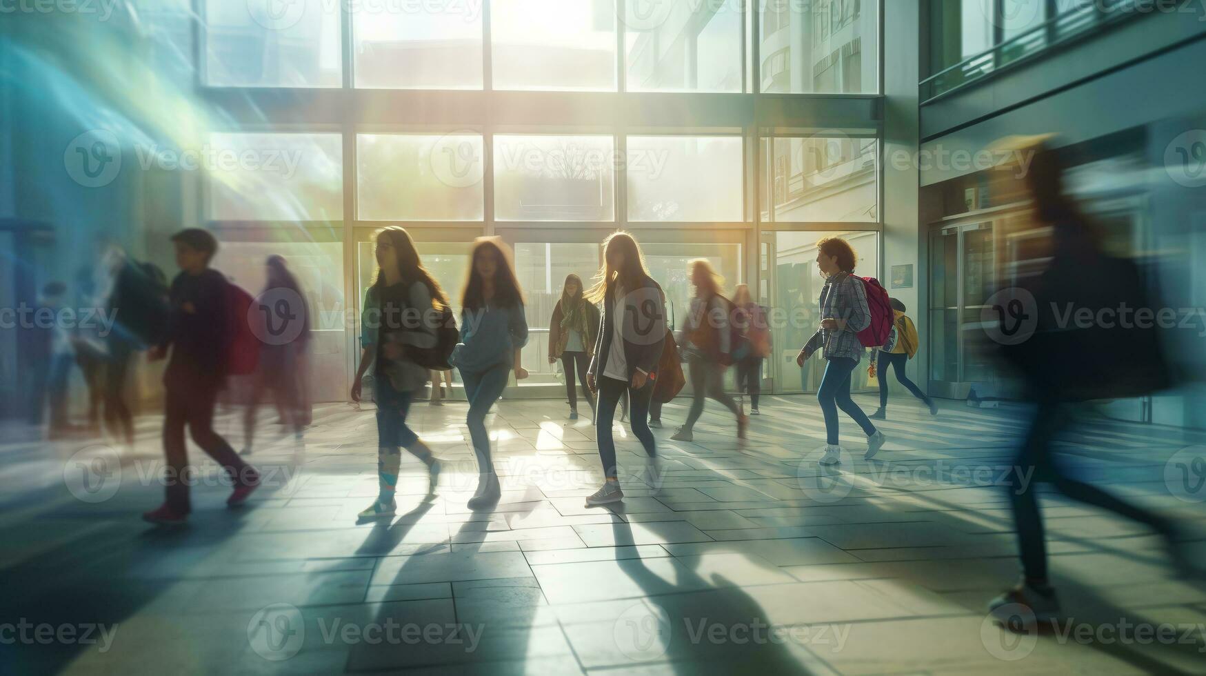 blurred group of young students going to class in fast movement.ai generative photo