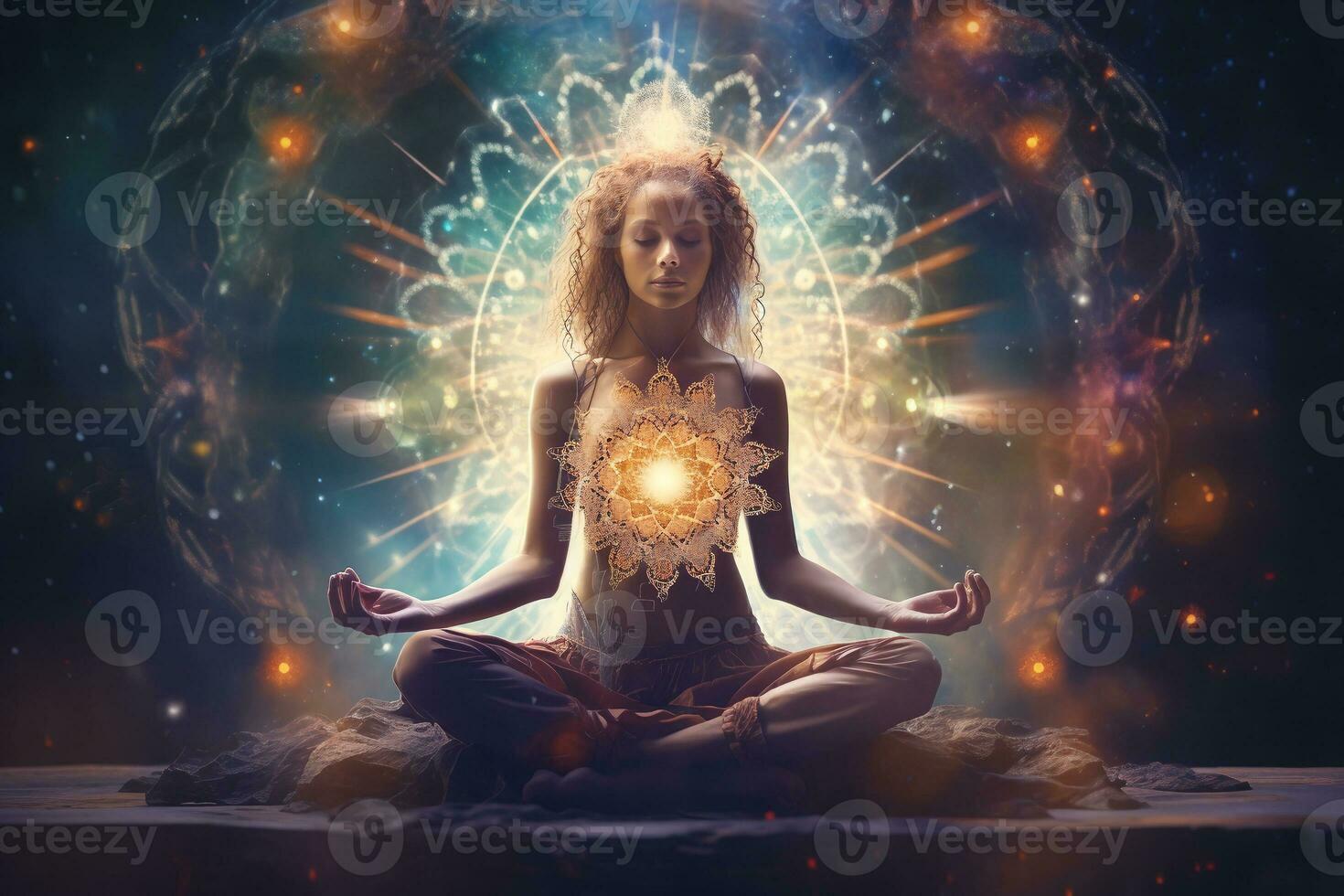 el concepto de meditación y espiritual práctica, el expansión de conciencia, el activación de el chakras y el astral cuerpo, místico inspiración. ai generativo foto