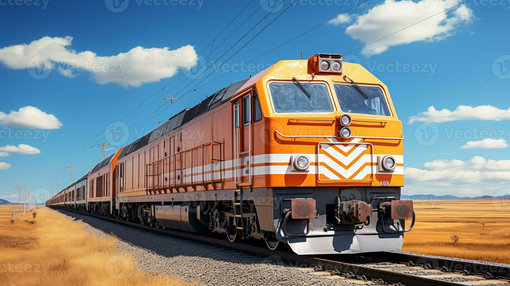 Freight train locomotive orange with cargo on a sunny day and blue sky. ai generative photo