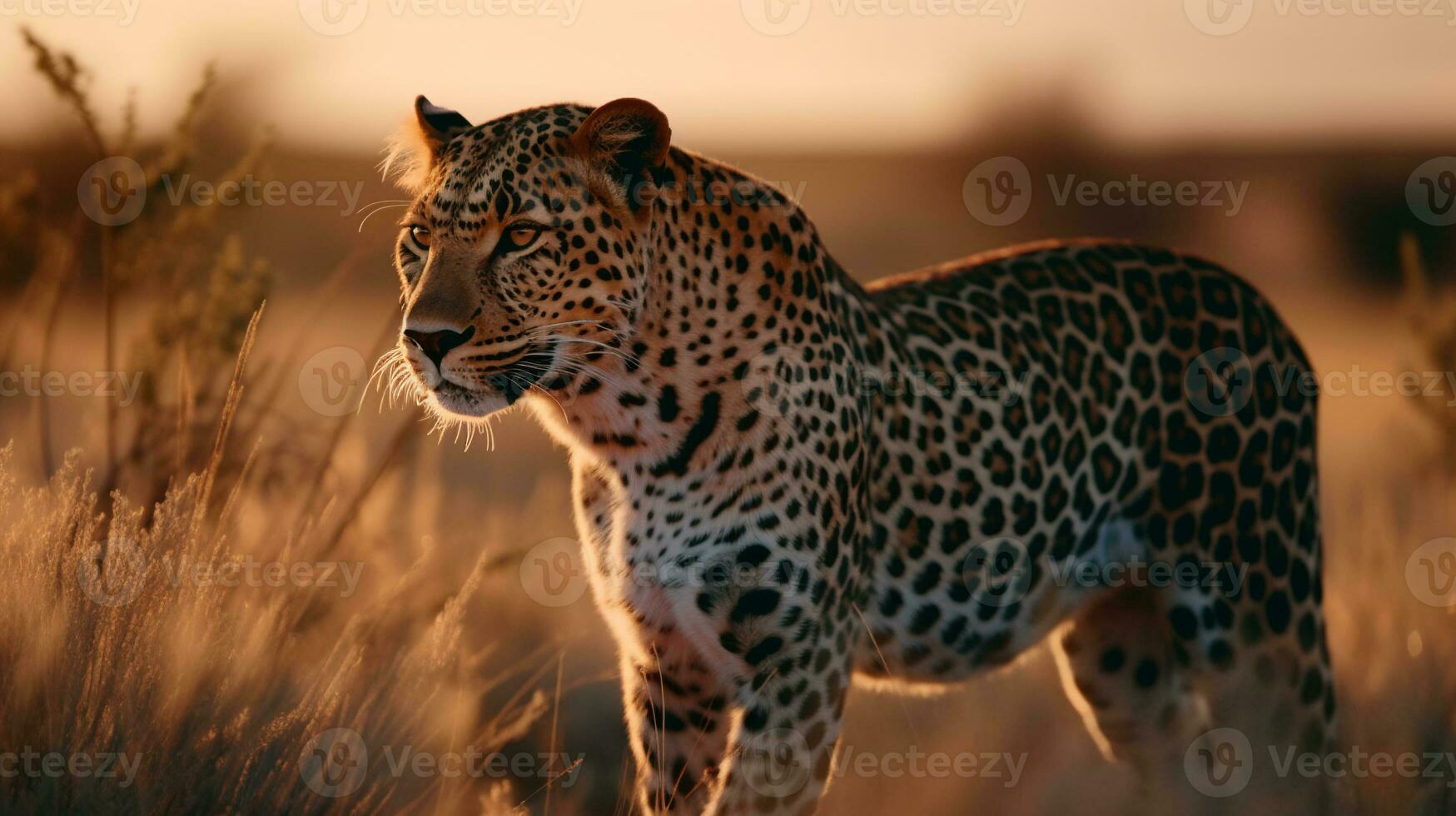 leopard on the background of the African savannah, hot day, animals of Africa. ai generative photo